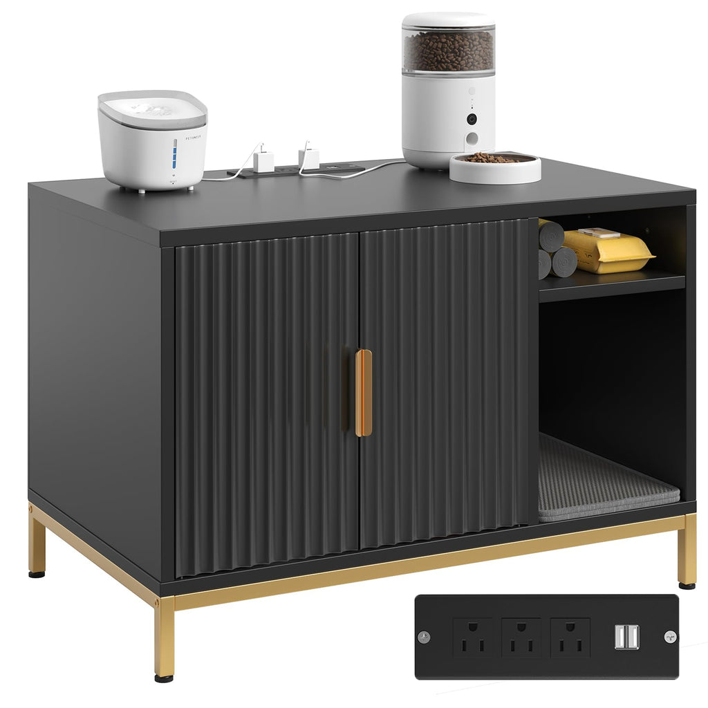 Modern Fluted Indoor Litter Box Cabinet with Litter Mat